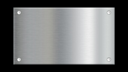 Realistic brushed metal plate with screws, shiny stainless steel texture background, metallic blank signboard template vector illustration