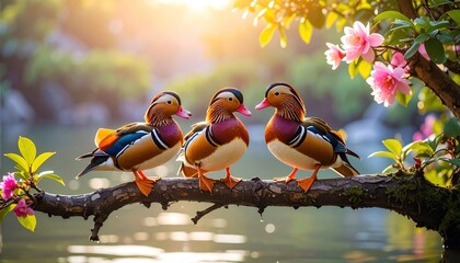 Three colorful mandarin ducks rest peacefully on a branch over a serene pond, bathed in the warm glow of sunrise, amidst a blossoming spring tree.
