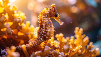 A captivating close-up of a tiny seahorse amidst vibrant coral and seaweed, bathed in golden sunlight, showcasing intricate details and a serene underwater scene.
