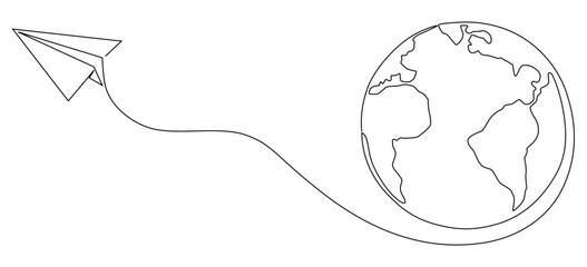 One continuous line drawing of Earth globe with paper airplane. Flight route path on world map eps 10