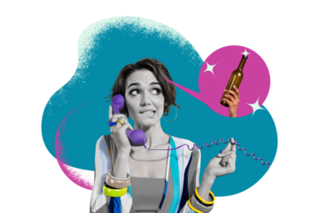 Composite photo collage of pretty girl bite lips hold telephone handset call dream alcohol beer bottle isolated on painted background