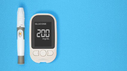 Lancet and a glucometer with the glucose level on the screen with a blue background. Copy space. Concept of diabetes or a healthy lifestyle