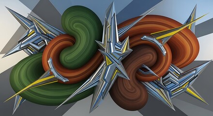 Abstract geometric forms intertwining metallic shapes and earthy curves