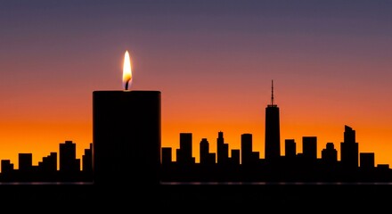Silhouette of a city skyline at sunset with a large memorial candle burning brightly.