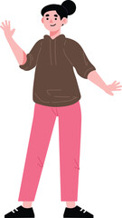 Cartoon Woman Waving Wearing Hoodie and Pink Pants Black Shoes.