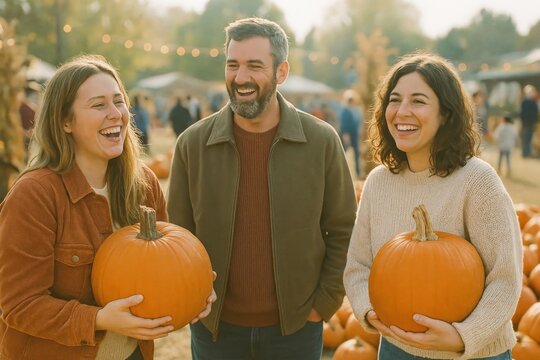 Friends enjoy autumn pumpkin patch.