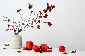 Autumnal decoration of maple branches and red apple