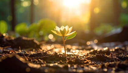 A delicate, budding flower emerges from the earth, bathed in golden sunlight, showcasing the beauty of new beginnings.