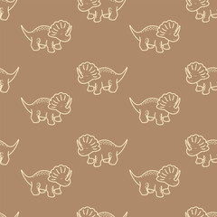 Seamless pattern with cute hand-drawn triceratops dinosaurs in beige outlines on a solid brown background for kids designs, textiles, or wallpapers © Mariana