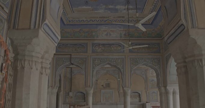 Frescoes Decoration On Wall Of Hanuman Temple In Jaipur, India. Ungraded C LOG 2 Religious Motifs From Life Of Hanuman Are Painted. Monkey-like Deity, Son Of Wind God Vayu. Hanuman Also Known As