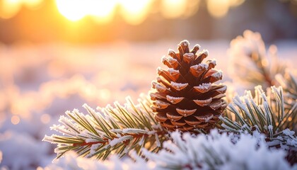 A frosty pine cone rests amongst snow-covered pine branches bathed in golden sunlight.