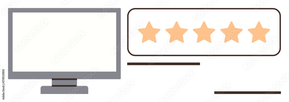 Poster five-star rating bar next to a computer screen representing user feedback. ideal for usability, rati