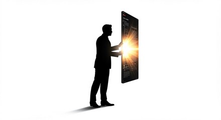 Silhouette of a man interacting with a large digital screen, bright light emanating from the screen.