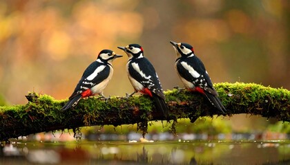 Three great spotted woodpeckers perched on a mossy branch over a tranquil water's edge, showcasing vibrant plumage and a serene autumnal backdrop.