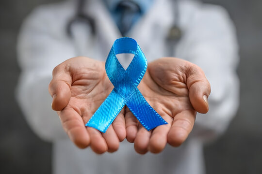 manos de un hombre medico con bata blanca y estetoscopio sosteniendo un lazo azul, simbolo de la lucha contra el cancer y enfermedades masculinas