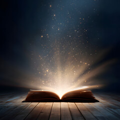 Open book glowing with light. Inspirational concept symbolizing knowledge and fantasy
