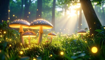Illuminated mushrooms glow in a mystical forest glade, bathed in golden sunlight filtering through the trees.