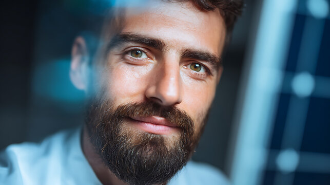 Close-up portrait of a bearded man with thoughtful expression, looking directly at the camera in a modern indoor setting