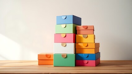 Colorful package boxes neatly stacked on a wooden table, showcasing modern packaging design.
