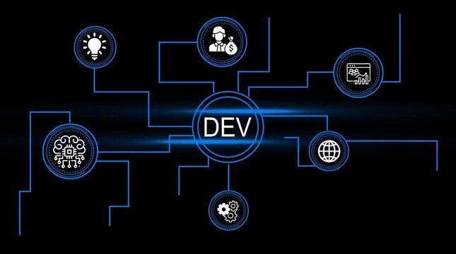 Digital transformation concept with interconnected icons representing innovation finance growth global network artificial intelligence and development on a dark background with blue light streaks