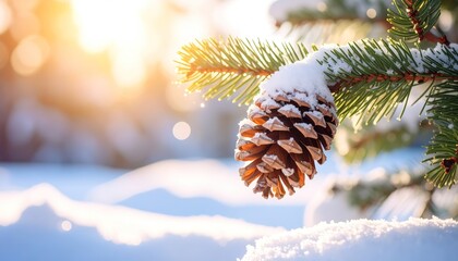 A winter scene showcasing a snow-covered pine cone hanging from a branch against a backdrop of snowy landscape, bathed in warm sunlight.
