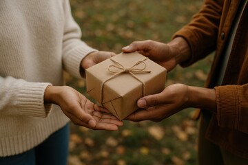Gift exchange hands outdoors.