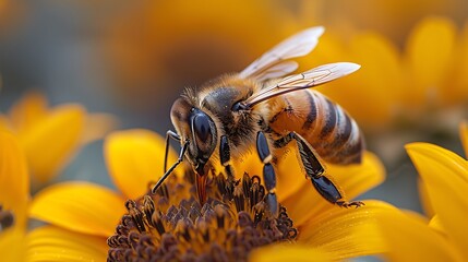 Close up of a honey bee on a yellow flower collecting nectar