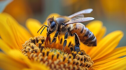 Close up of a bee collecting nectar from a vibrant yellow sunflower