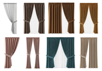 Collection of full-length curtains: sheer, opaque, solid, various colors, tied/drawn, isolated on transparent studio background. Home decor catalog concept.