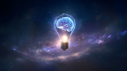 Brain and light bulb fusion floating in space. Concept image symbolizing knowledge, creativity, and future technology