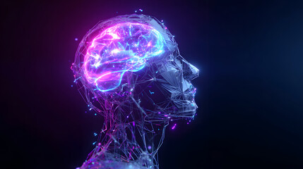 Glowing brain with digital human profile. Concept of AI and future technology