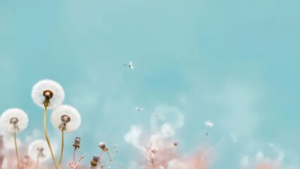 空色の背景に綿毛のタンポポのクローズアップ