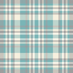 Classic plaid pattern with light teal, gray and cream tones. Seamless design ideal for textile, fashion,  backgrounds. Versatile  timeless aesthetic.
