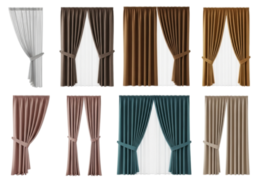 Collection of full-length curtains: sheer, opaque, solid, various colors, tied/drawn, isolated on transparent studio background. Home decor catalog concept.