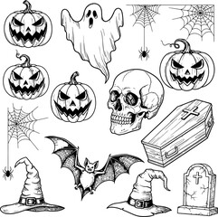 Spooky Halloween elements set, hand-drawn in black and white, featuring pumpkins, ghosts, skulls, and witch hats for eerie seasonal designs