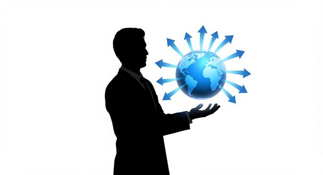 Silhouette of a person holding a globe with arrows radiating outwards, symbolizing global reach.