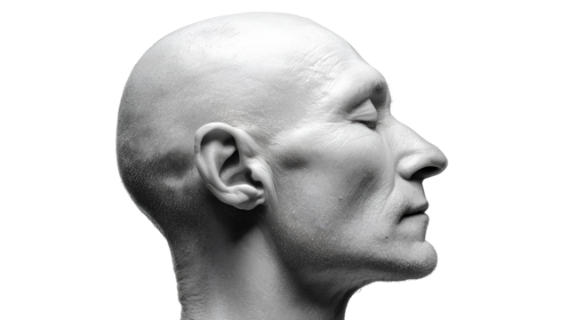a side view of the head, a bald man with no hair on his face and neck, isolated on a transparent background - Powered by Adobe