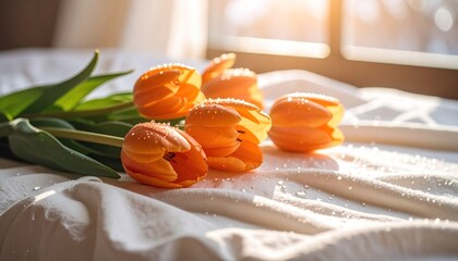 A bouquet of vibrant orange tulips with dew drops rests gently on a white fabric, bathed in the warm glow of sunlight streaming through a window.