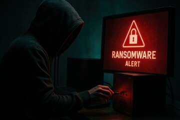 Cybercriminal launching ransomware. Use for hacking, malware, phishing, and cybersecurity. 
