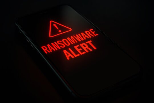 Smartphone ransomware alert warning. Use for cybersecurity, hacking, malware, and digital threats. 
