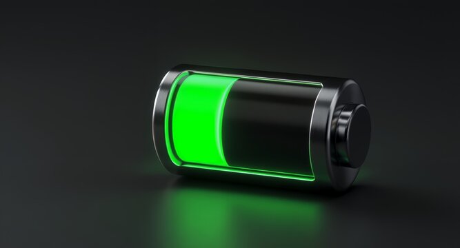 Half-Charged Battery, Green Energy Indicator, Modern Technology Icon, Dark Background, 3D Render, Power Supply, Electric, Futuristic Design