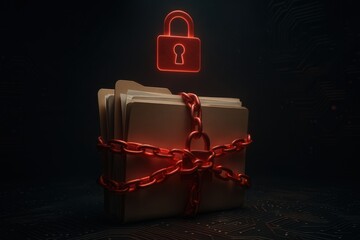 Folder bundle locked in red chains. Use for IT risk reports, corporate fraud prevention, business data compliance, and security marketing.
