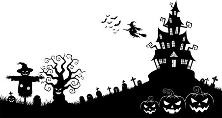 Spooky Halloween Night Haunted House, Scarecrow, and Jack-o'-lanterns