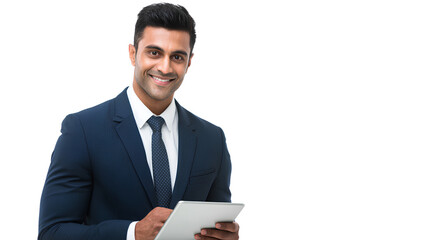 an attractive indian businessman in his late thirties, wearing a navy blue suit and holding an ipad, smiling at the camera. transparent background. 