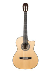 Fototapeta premium Classical acoustic guitar, full-length, natural light wood soundboard, dark wood, nylon strings, detailed rosette, transparent background, soft diffused studio lighting, celebration of craftsmanship
