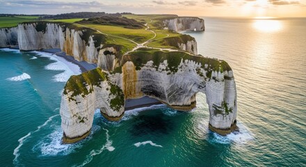 White chalk cliffs with natural arches extend into the turquoise sea under a warm glowing sky with green grassy paths and distant figures on top