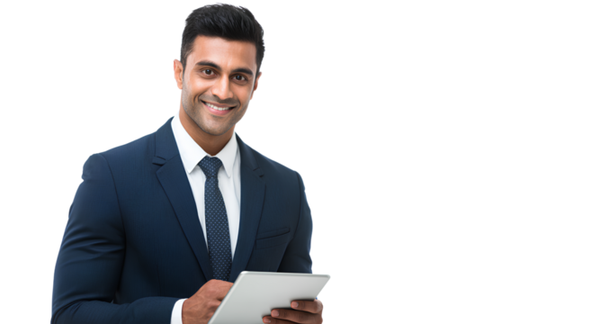an attractive indian businessman in his late thirties, wearing a navy blue suit and holding an ipad, smiling at the camera. transparent background. 