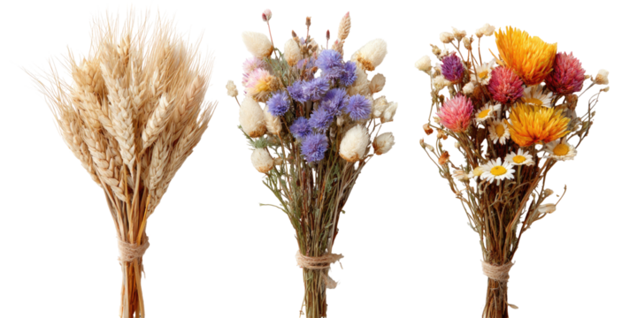 Three dried flower bouquets in beige, purple/blue, and mixed colors