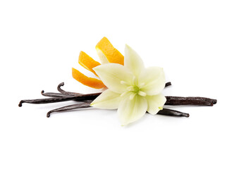 Vanilla pods with vanilla flower and oranges zest