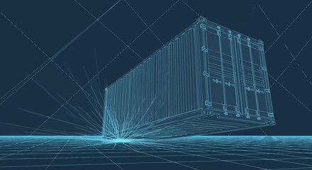 A blueprint style illustration of a shipping container hovering over a grid surface